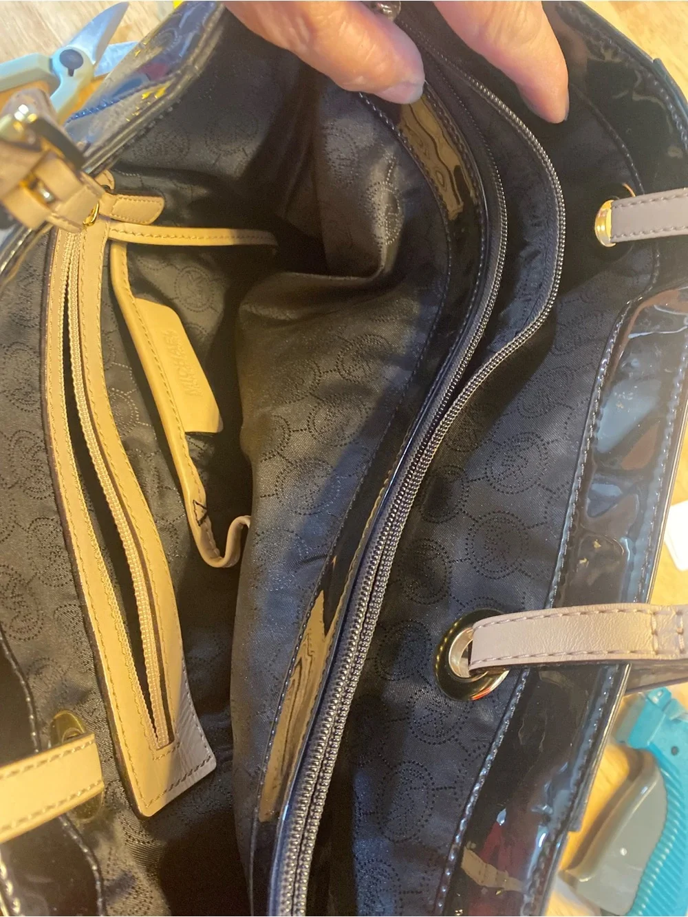 Michael Kors Black Patent Tote with Tan Handles & Outside Pockets